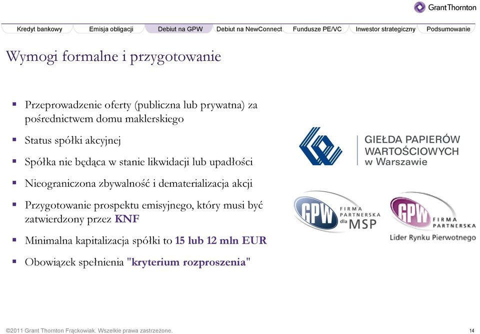 dematerializacja akcji Przygotowanie prospektu emisyjnego, który musi być zatwierdzony przez KNF Minimalna kapitalizacja