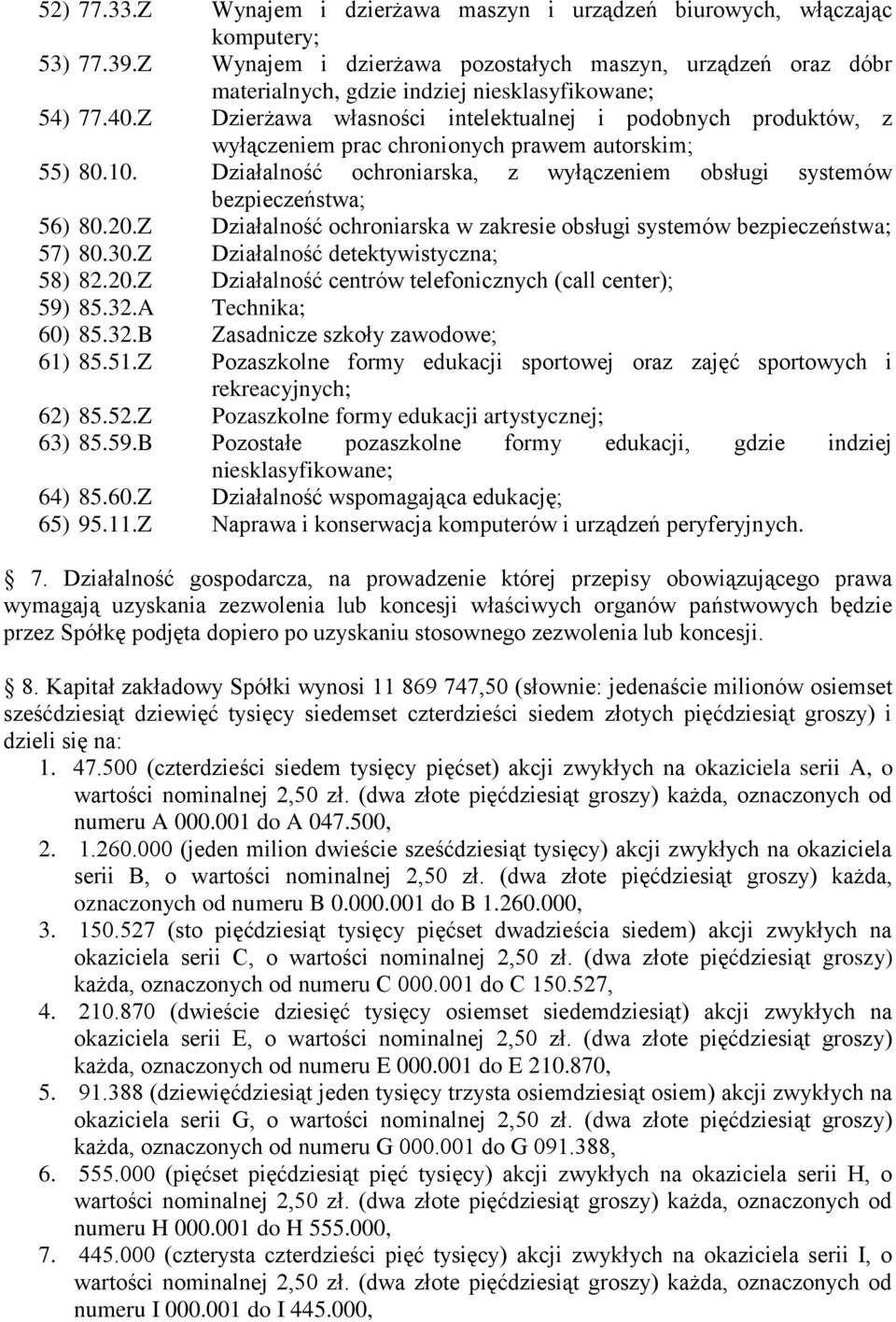 Z Dzierżawa własności intelektualnej i podobnych produktów, z wyłączeniem prac chronionych prawem autorskim; 55) 80.10. Działalność ochroniarska, z wyłączeniem obsługi systemów bezpieczeństwa; 56) 80.