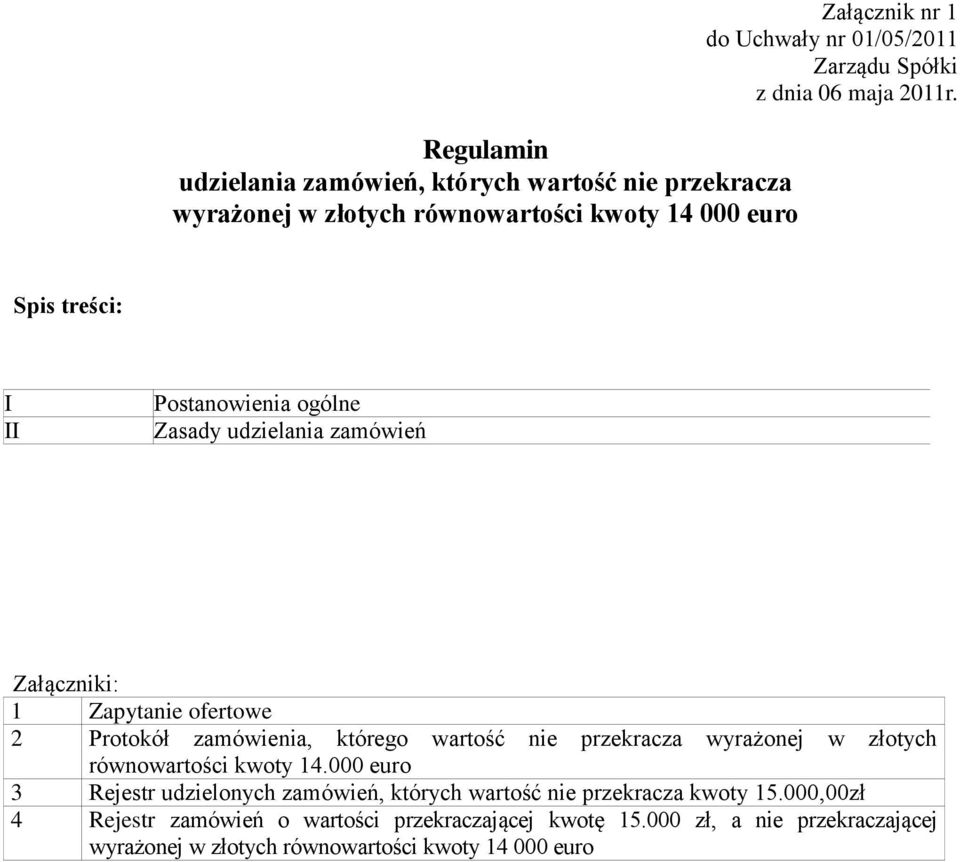 Spis treści: I II Postanowienia ogólne Zasady udzielania zamówień Załączniki: 1 Zapytanie ofertowe 2 Protokół zamówienia, którego wartość nie przekracza