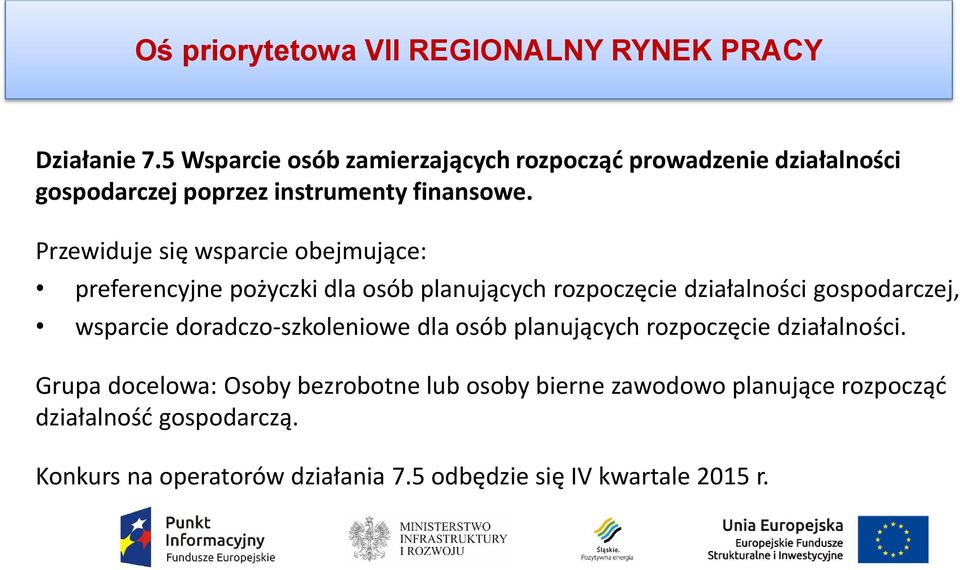 Przewiduje się wsparcie obejmujące: preferencyjne pożyczki dla osób planujących rozpoczęcie działalności gospodarczej, wsparcie