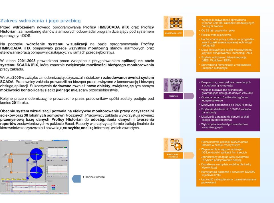 Na początku wdrożenie systemu wizualizacji na bazie oprogramowania Proficy HMI/SCADA ifix obejmowało przede wszystkim monitoring stanów alarmowych oraz sterowanie pracą pompowni działających w ramach