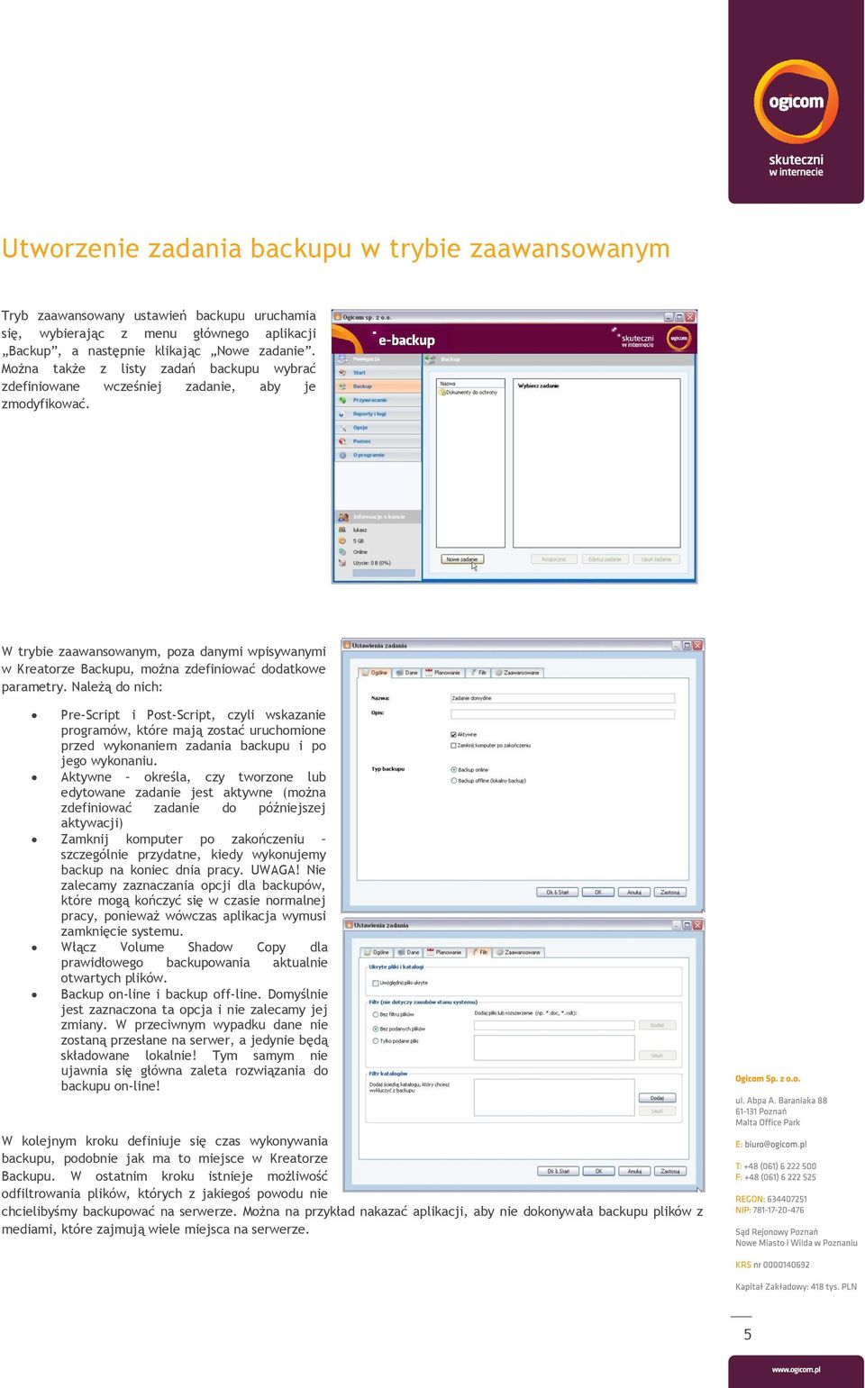 W trybie zaawansowanym, poza danymi wpisywanymi w Kreatorze Backupu, można zdefiniować dodatkowe parametry.