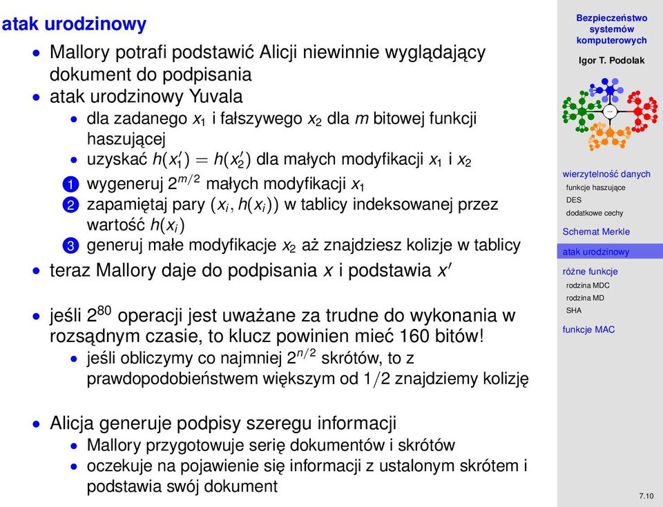 Mallory daje do podpisania x i podstawia x jeśli 2 80 operacji jest uważane za trudne do wykonania w rozsadnym czasie, to klucz powinien mieć 160 bitów!