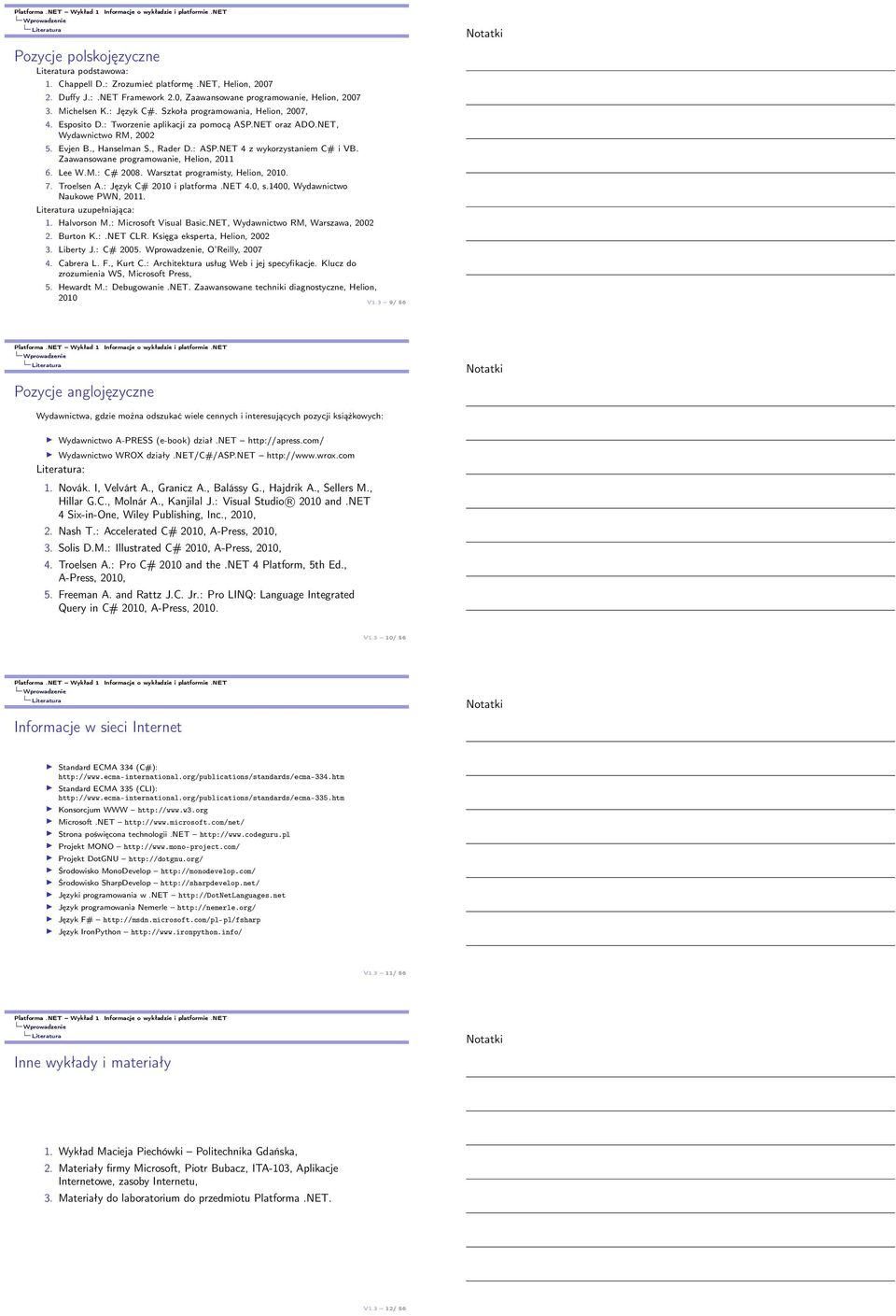 NET 4 z wykorzystaniem C# i VB. Zaawansowane programowanie, Helion, 2011 6. Lee W.M.: C# 2008. Warsztat programisty, Helion, 2010. 7. Troelsen A.: Język C# 2010 i platforma.net 4.0, s.