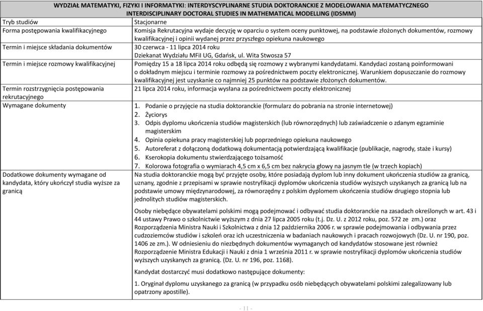 opiekuna naukowego Termin i miejsce składania dokumentów 30 czerwca 11 lipca 2014 roku Dziekanat Wydziału MFiI UG, Gdańsk, ul.