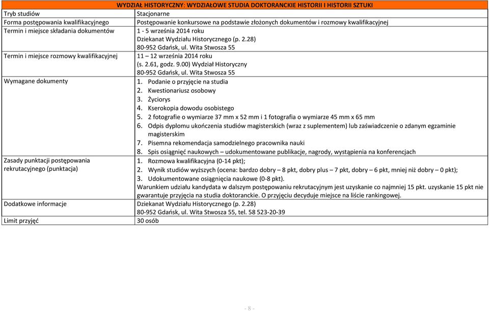 Wita Stwosza 55 Termin i miejsce rozmowy kwalifikacyjnej 11 12 września 2014 roku (s. 2.61, godz. 9.00) Wydział Historyczny 80 952 Gdańsk, ul. Wita Stwosza 55 1. Podanie o przyjęcie na studia 2.