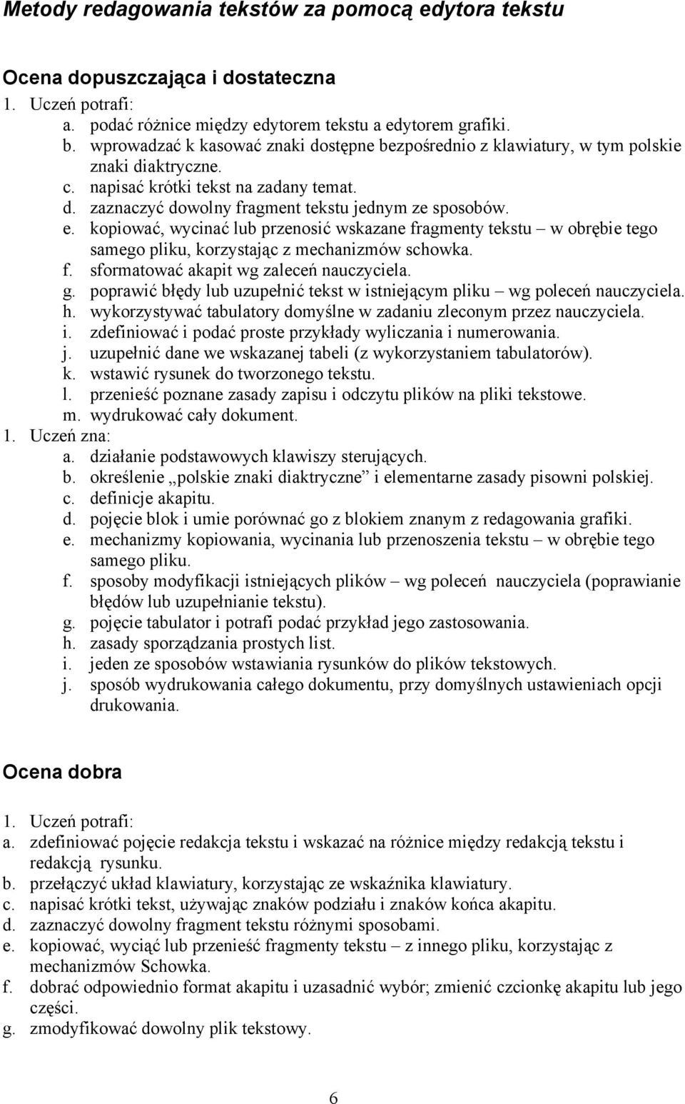 kopiować, wycinać lub przenosić wskazane fragmenty tekstu w obrębie tego samego pliku, korzystając z mechanizmów schowka. f. sformatować akapit wg zaleceń nauczyciela. g.