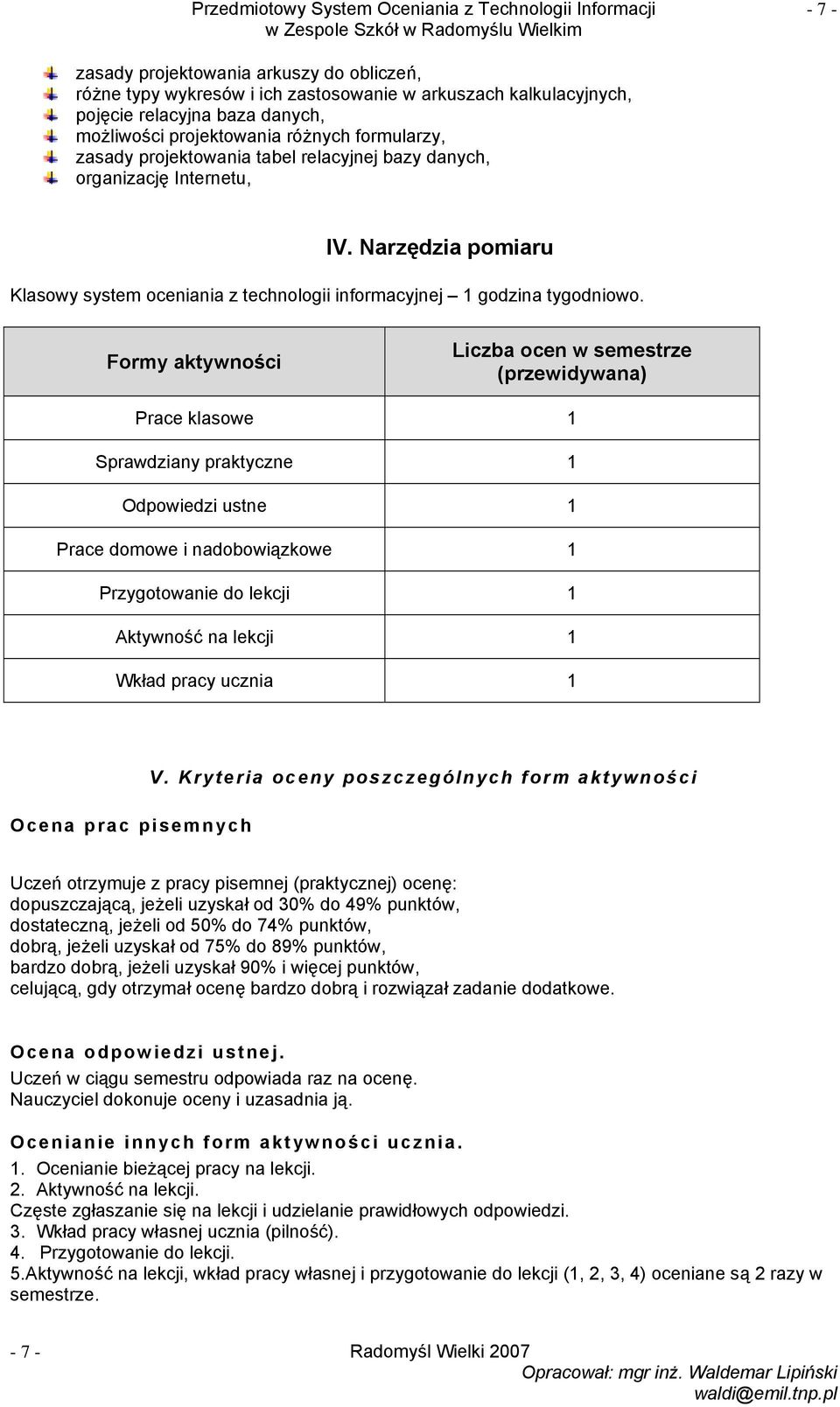 Narzędzia pomiaru Klasowy system oceniania z technologii informacyjnej 1 godzina tygodniowo.
