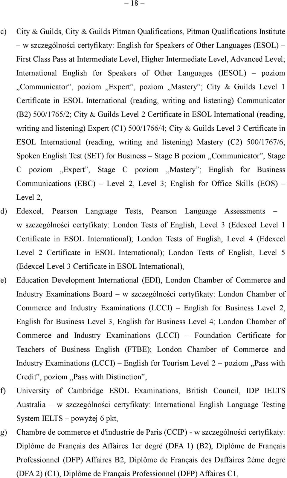 ESOL International (reading, writing and listening) Communicator (B2) 500/1765/2; City Guilds Level 2 Certificate in ESOL International (reading, writing and listening) Expert (C1) 500/1766/4; City