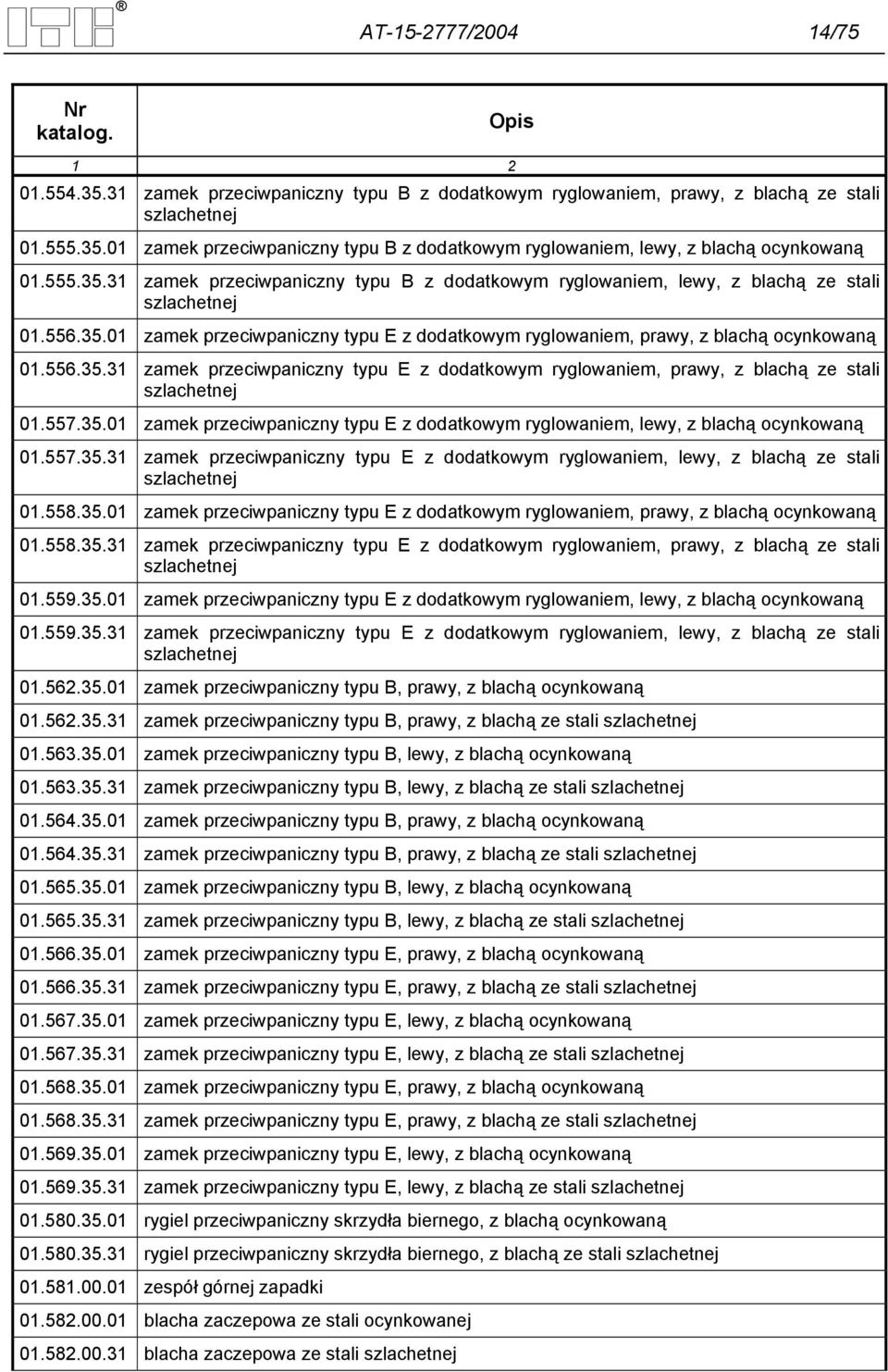 556.35.31 zamek przeciwpaniczny typu E z dodatkowym ryglowaniem, prawy, z blachą ze stali szlachetnej 01.557.35.01 zamek przeciwpaniczny typu E z dodatkowym ryglowaniem, lewy, z blachą ocynkowaną 01.