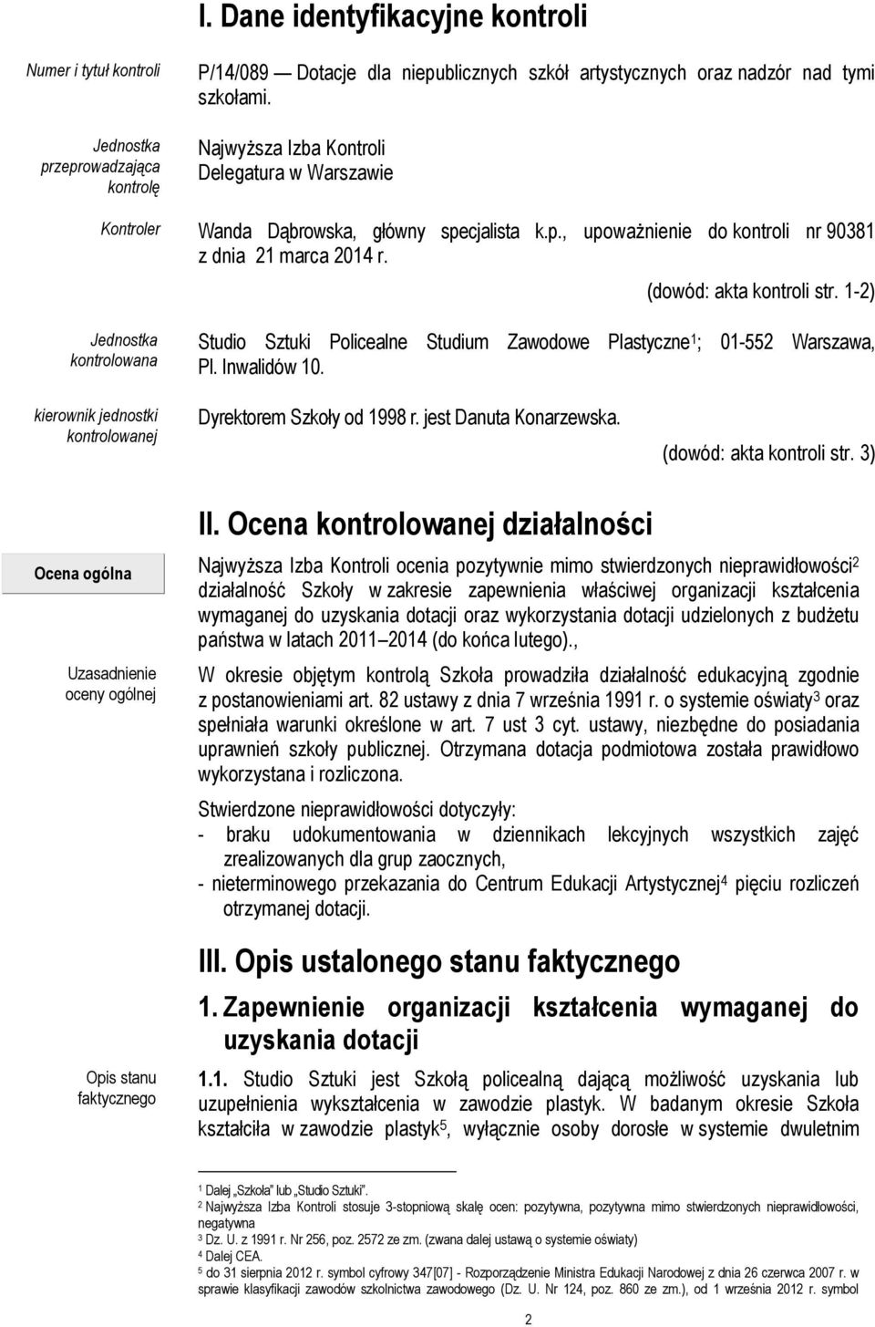 1-2) Jednostka kontrolowana Studio Sztuki Policealne Studium Zawodowe Plastyczne 1 ; 01-552 Warszawa, Pl. Inwalidów 10. kierownik jednostki kontrolowanej Dyrektorem Szkoły od 1998 r.