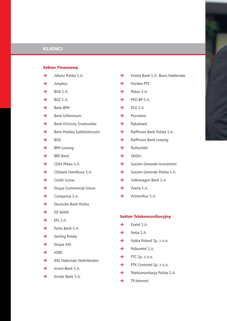 A. Compensa S.A. Winterthur S.A. Deutsche Bank Polska DZ BANK EFL S.A. Fortis Bank S.A. Gerling Polska Grupa AIG HSBC ING Nationale Nederlanden Invest-Bank S.A. Kredyt Bank S.A. Sektor Telekomunikacyjny Exatel S.