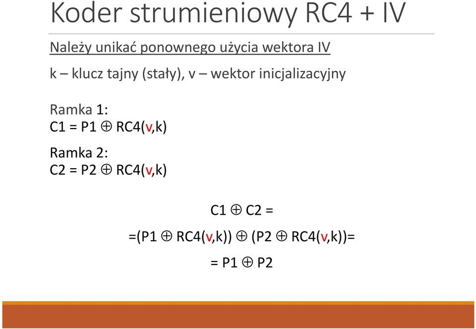 inicjalizacyjny Ramka 1: C1 = P1 RC4(v,k) Ramka 2: C2