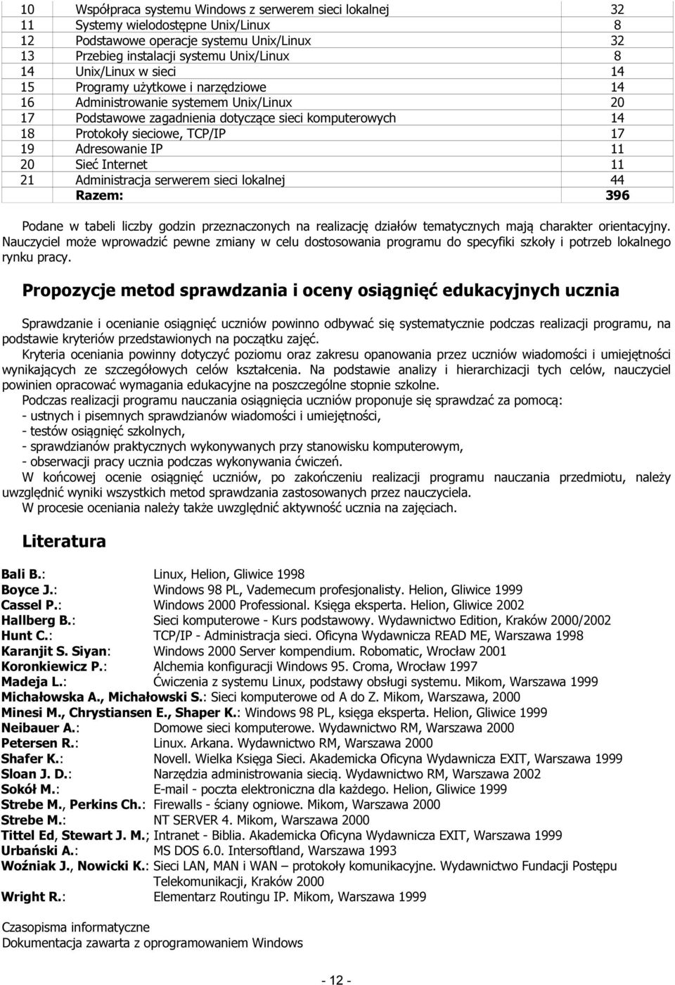 IP 11 20 Sieć Internet 11 21 Administracja serwerem sieci lokalnej 44 Razem: 396 Podane w tabeli liczby godzin przeznaczonych na realizację działów tematycznych mają charakter orientacyjny.