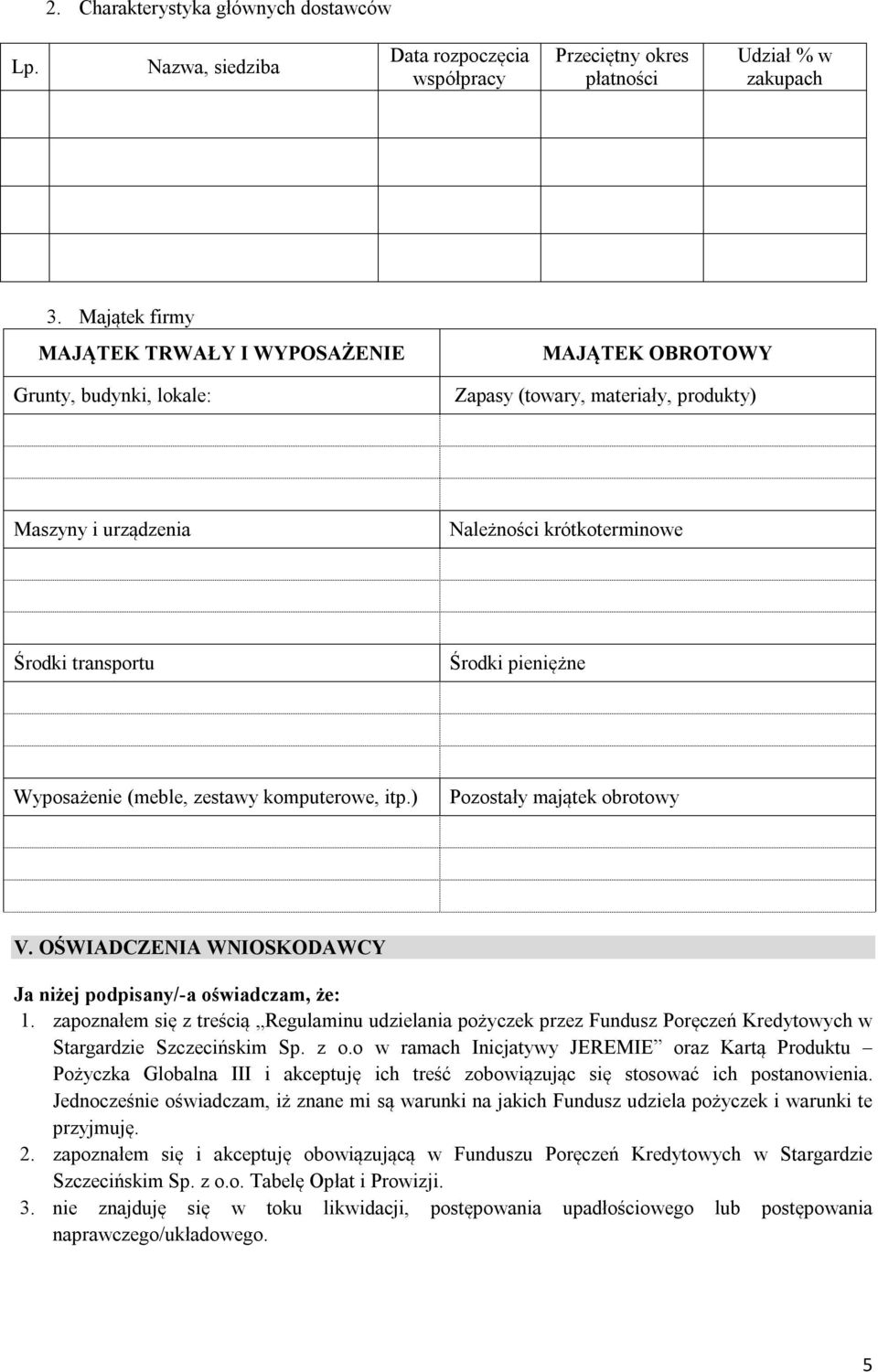 pieniężne Wyposażenie (meble, zestawy komputerowe, itp.) Pozostały majątek obrotowy V. OŚWIADCZENIA WNIOSKODAWCY Ja niżej podpisany/-a oświadczam, że: 1.