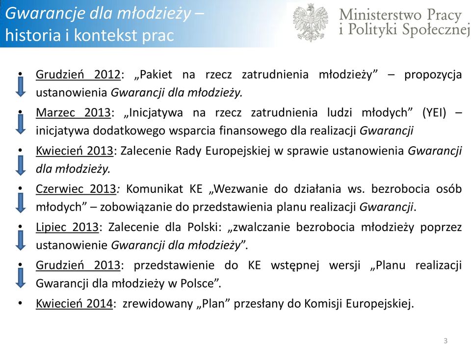 ustanowienia Gwarancji dla młodzieży. Czerwiec 2013: Komunikat KE Wezwanie do działania ws. bezrobocia osób młodych zobowiązanie do przedstawienia planu realizacji Gwarancji.