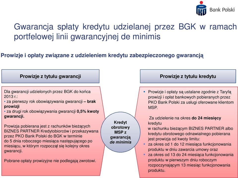 Prowizja pobierana jest z rachunków bieŝących BIZNES PARTNER Kredytobiorców i przekazywana przez PKO Bank Polski do BGK w terminie do 5 dnia roboczego miesiąca następującego po miesiącu, w którym