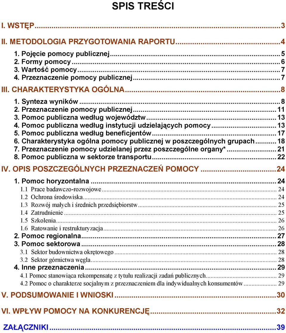 Charakterystyka ogólna publicznej w poszczególnych grupach...18 7. Przeznaczenie udzielanej przez poszczególne organy*...21 8. Pomoc publiczna w sektorze transportu...22 IV.