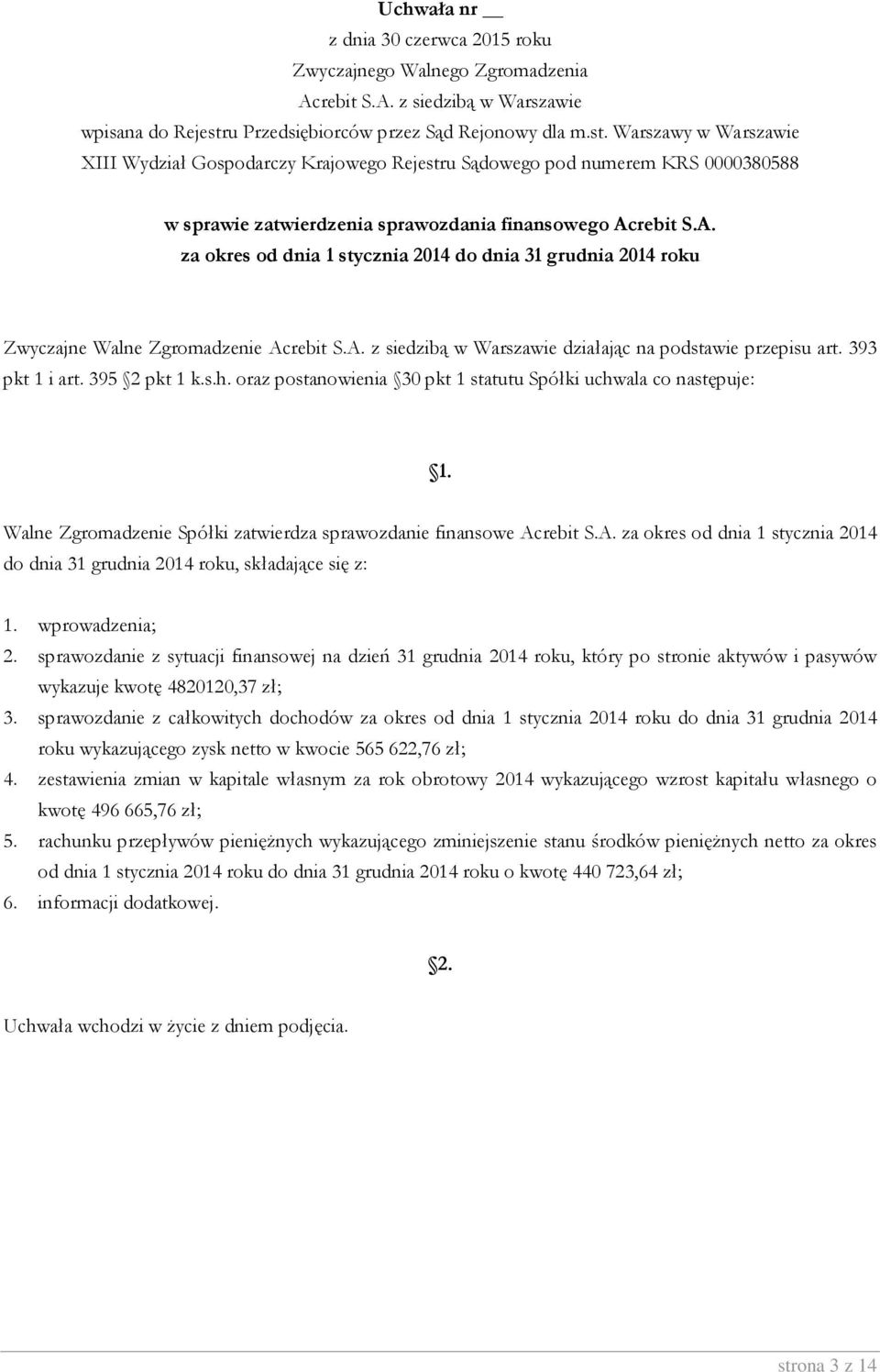 rebit S.A. za okres od dnia 1 stycznia 2014 do dnia 31 grudnia 2014 roku, składające się z: 1. wprowadzenia; 2.