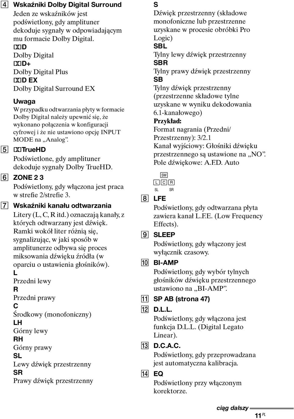 i że nie ustawiono opcję INPUT MODE na Analog. E ;TrueHD Podświetlone, gdy amplituner dekoduje sygnały Dolby TrueHD. F ZONE 2 3 Podświetlony, gdy włączona jest praca w strefie 2/strefie 3.