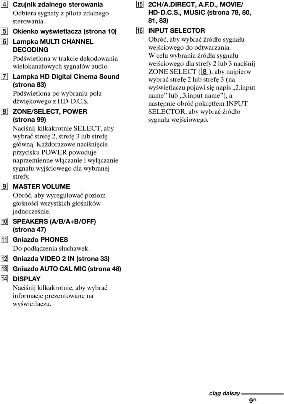 G Lampka HD Digital Cinema Sound (strona 83) Podświetlona po wybraniu pola dźwiękowego z HD-D.C.S. H ZONE/SELECT, POWER (strona 99) Naciśnij kilkakrotnie SELECT, aby wybrać strefę 2, strefę 3 lub strefę główną.