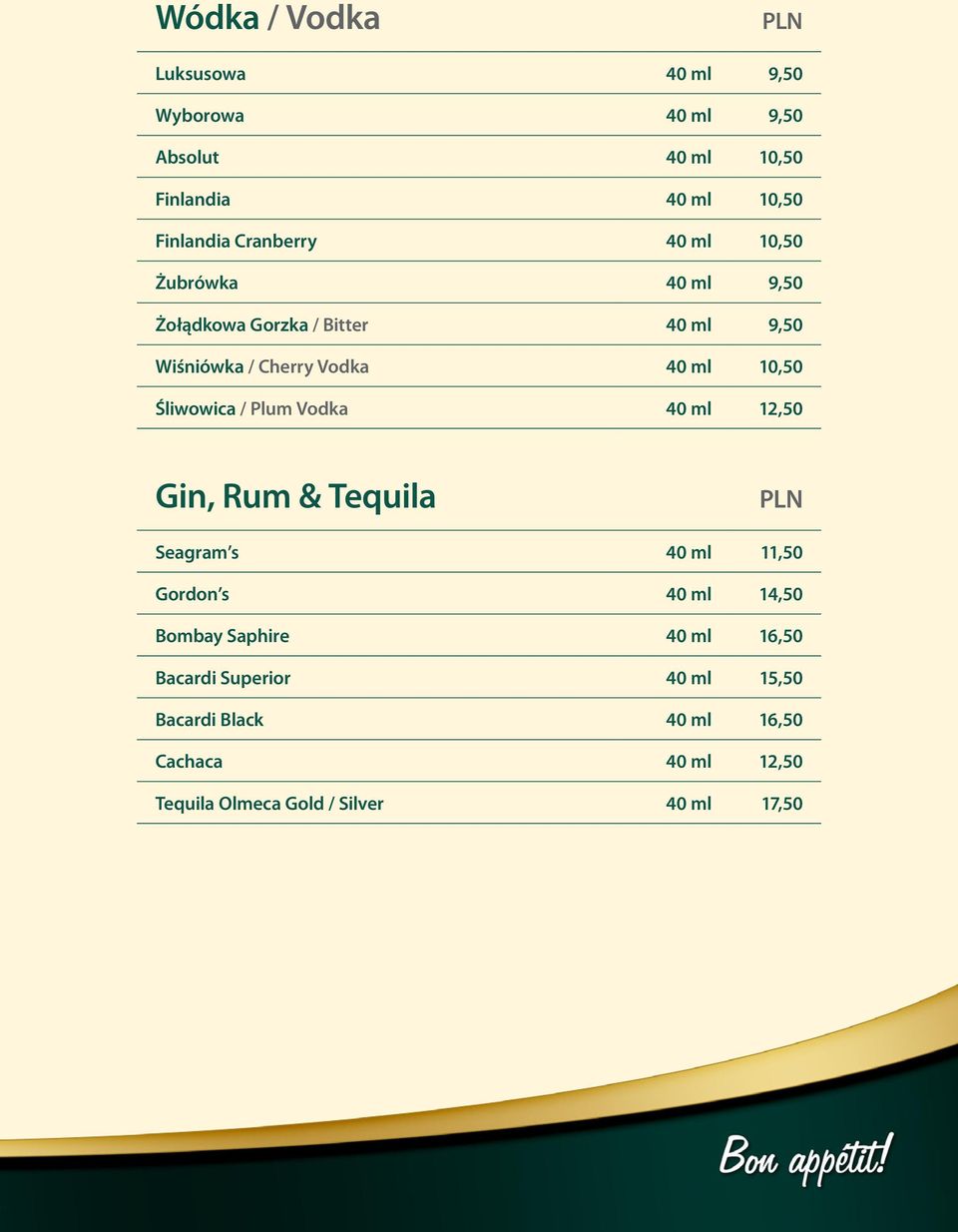 Śliwowica / Plum Vodka 40 ml 12,50 Gin, Rum & Tequila Seagram s 40 ml 11,50 Gordon s 40 ml 14,50 Bombay Saphire 40