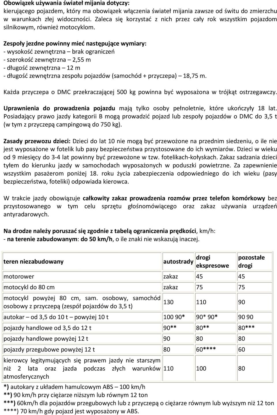 Zespoły jezdne powinny mieć następujące wymiary: - wysokość zewnętrzna brak ograniczeń - szerokość zewnętrzna 2,55 m - długość zewnętrzna 12 m - długość zewnętrzna zespołu pojazdów (samochód +
