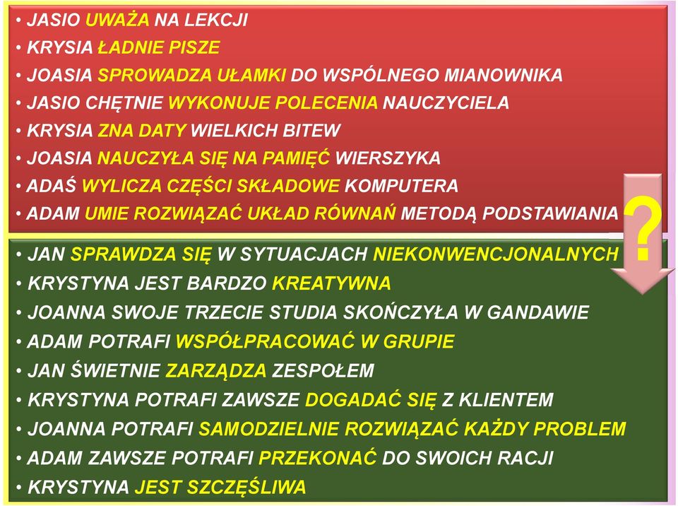ADAM UMIE ROZWIĄZAĆ UKŁAD RÓWNAŃ METODĄ PODSTAWIANIA JAN SPRAWDZA SIĘ W SYTUACJACH NIEKONWENCJONALNYCH KRYSTYNA JEST BARDZO KREATYWNA JOANNA SWOJE TRZECIE STUDIA
