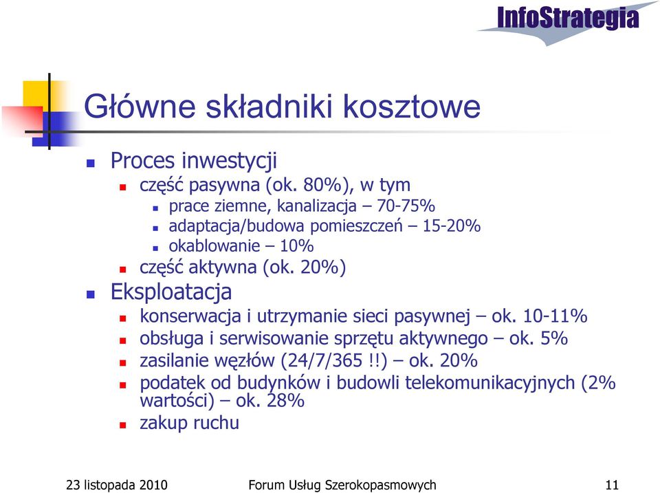 20%) Eksploatacja konserwacja i utrzymanie sieci pasywnej ok. 10-11% obsługa i serwisowanie sprzętu aktywnego ok.