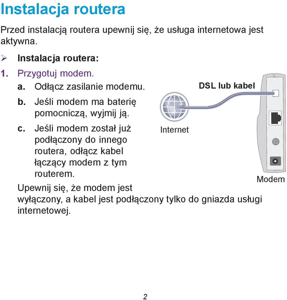 Jeśli modem ma baterię pomocniczą, wyjmij ją. DSL lub kabel c.