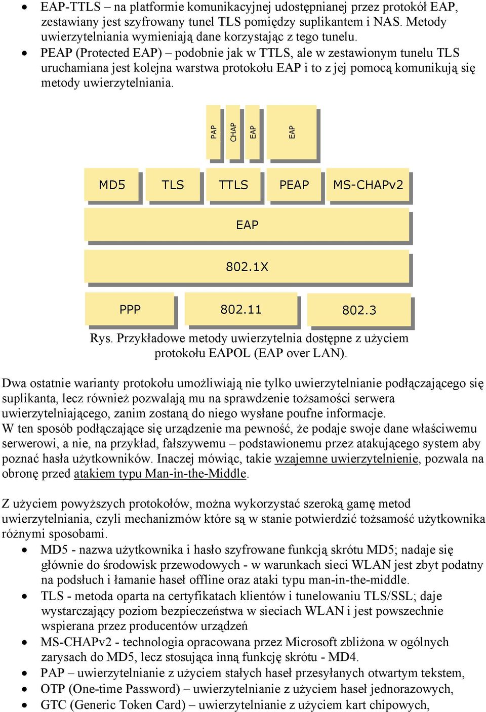 PEAP (Protected EAP) podobnie jak w TTLS, ale w zestawionym tunelu TLS uruchamiana jest kolejna warstwa protokołu EAP i to z jej pomocą komunikują się metody uwierzytelniania.