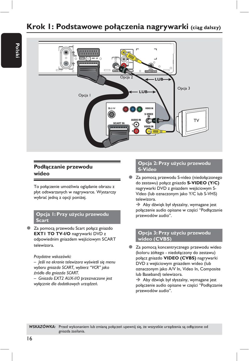 Opcja 1: Przy użyciu przewodu Scart Za pomocą przewodu Scart połącz gniazdo EXT1 TO TV-I/O nagrywarki DVD z odpowiednim gniazdem wejściowym SCART telewizora.