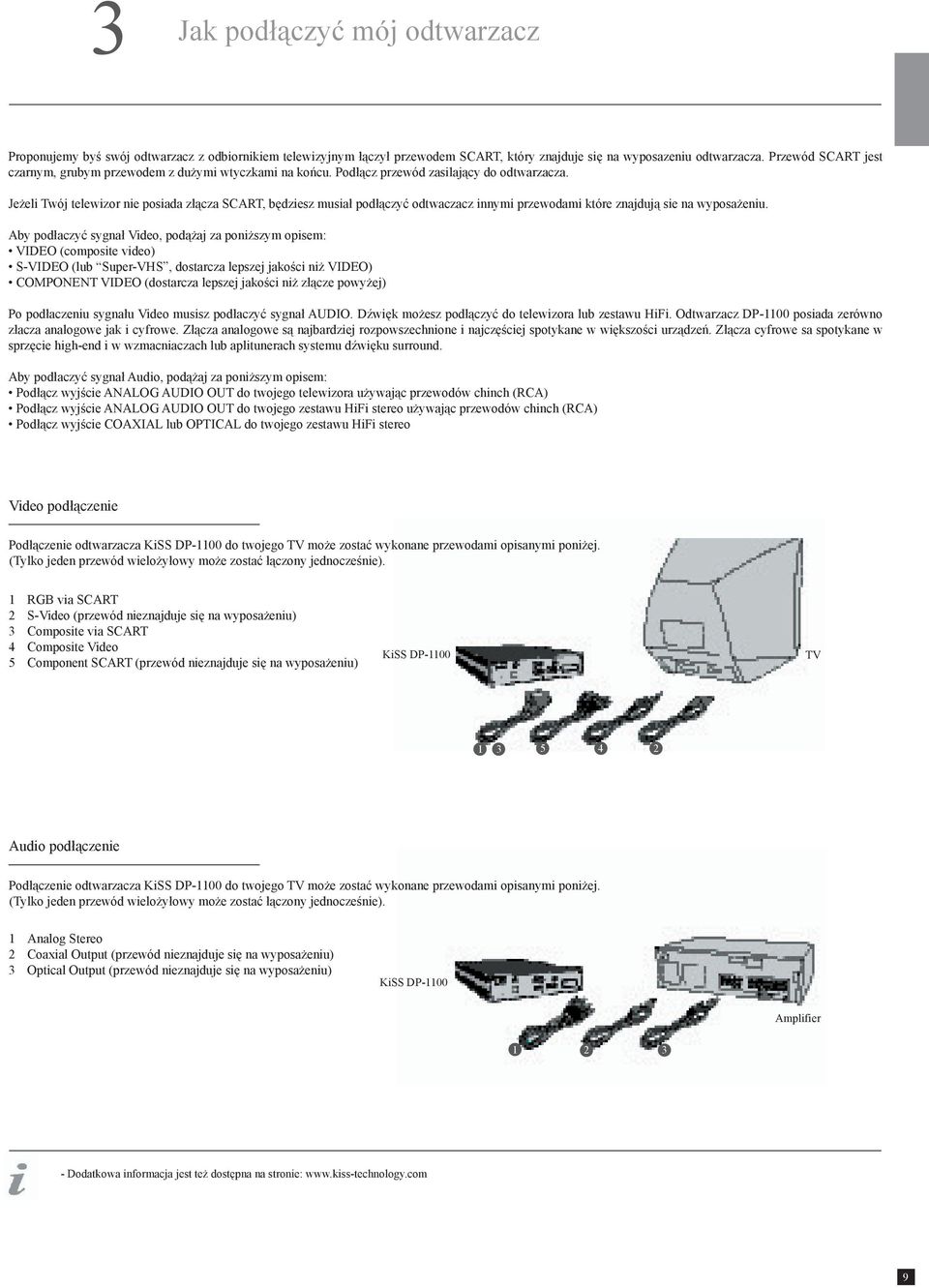 Jeżeli Twój telewizor nie posiada złącza SCART, będziesz musiał podłączyć odtwaczacz innymi przewodami które znajdują sie na wyposażeniu.