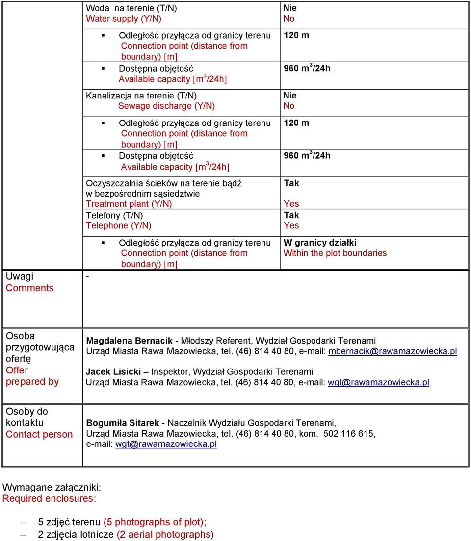 the plot boundaries Osoba przygotowująca ofertę Offer prepared by Magdalena Bernacik - Młodszy Referent, Wydział Gospodarki Terenami Urząd Miasta Rawa Mazowiecka, tel.