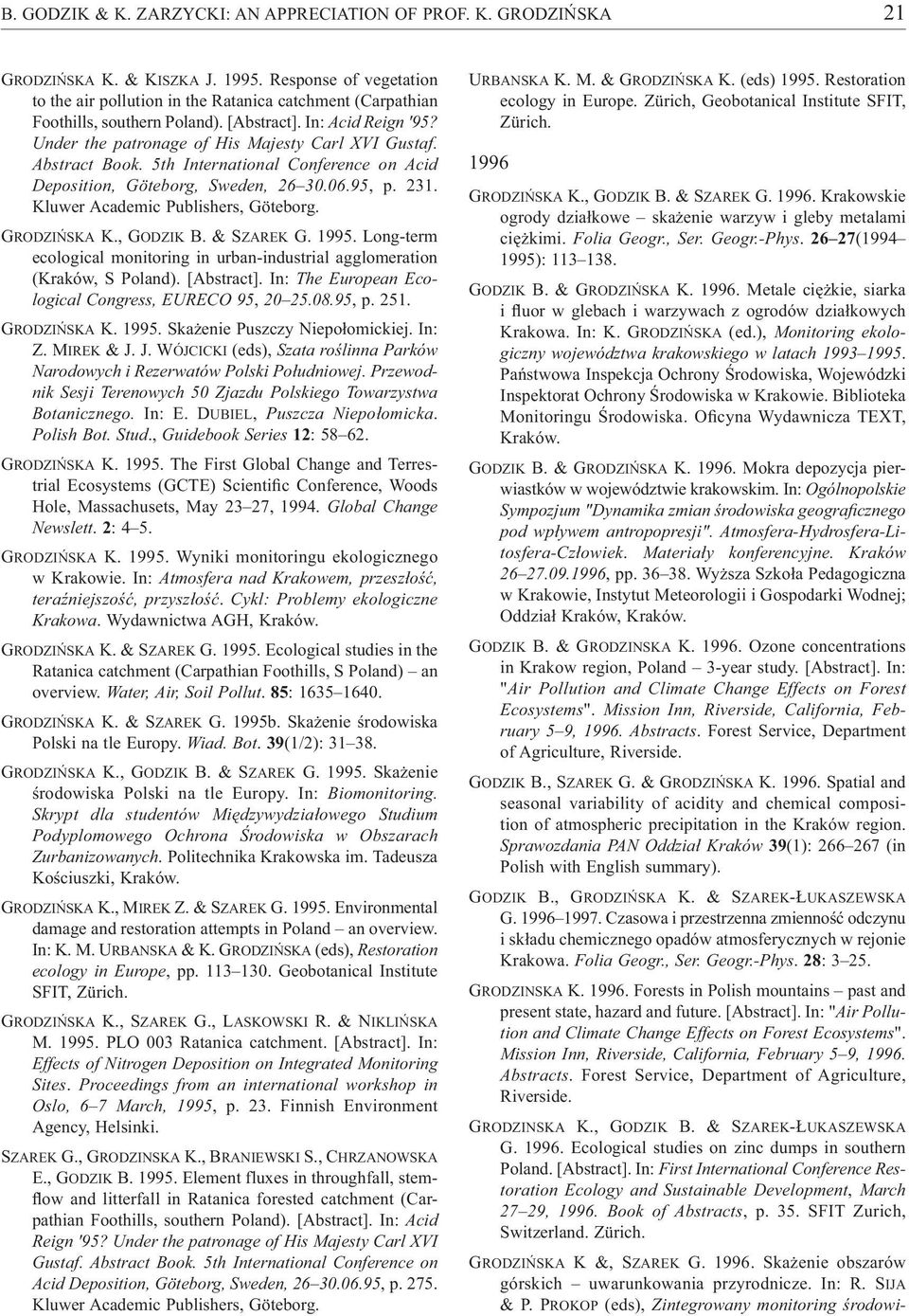 Abstract Book. 5th International Conference on Acid Deposition, Göteborg, Sweden, 26 30.06.95, p. 231. Kluwer Academic Publishers, Göteborg. GRODZI SKA K., GODZIK B. & SZAREK G. 1995.