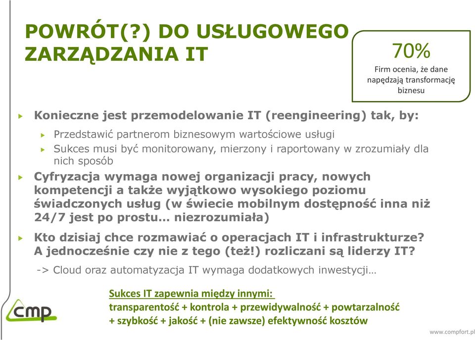 Sukces musi być monitorowany, mierzony i raportowany w zrozumiały dla nich sposób Cyfryzacja wymaga nowej organizacji pracy, nowych kompetencji a także wyjątkowo wysokiego poziomu świadczonych usług