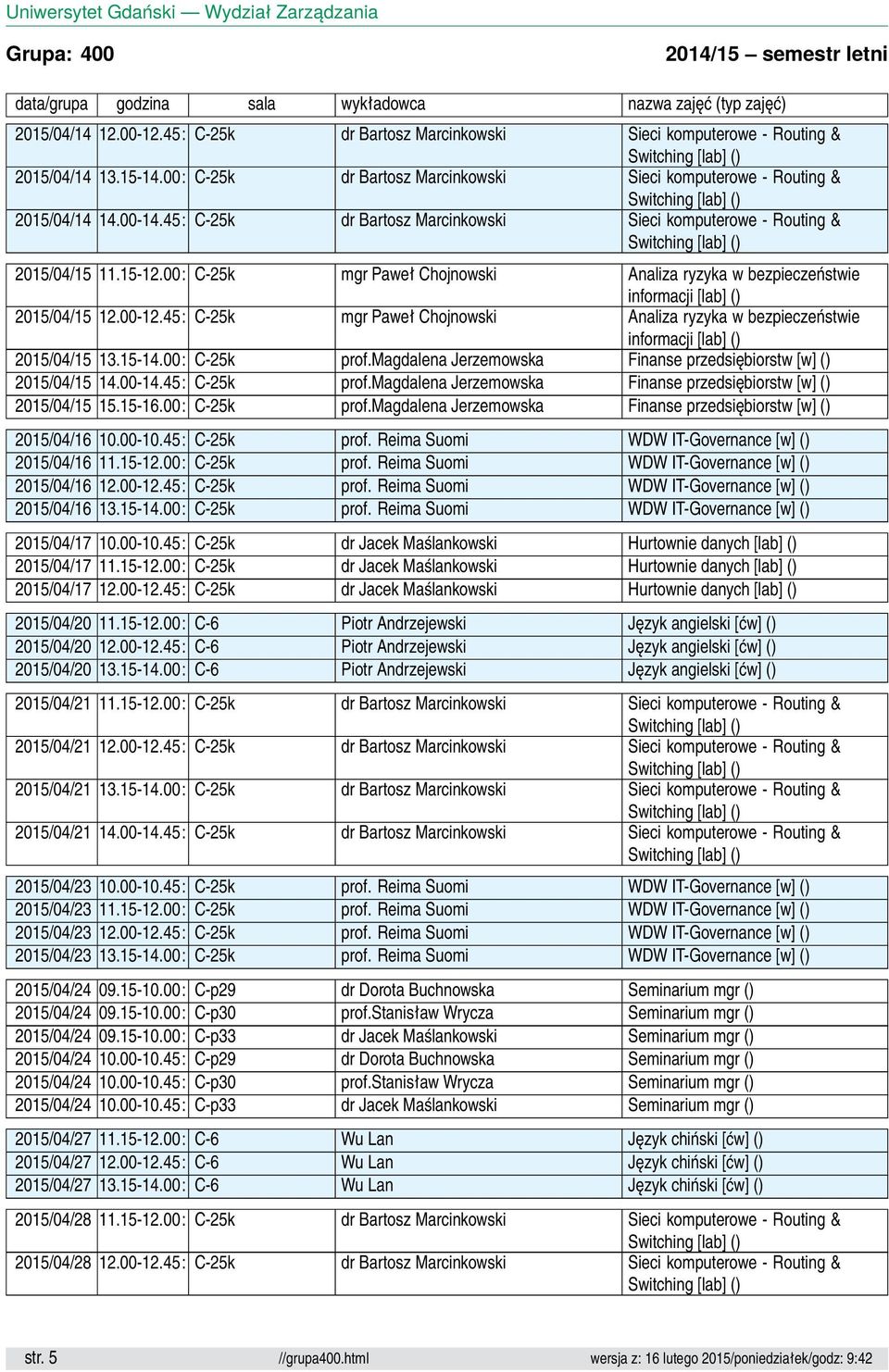 45: C-25k mgr Paweł Chojnowski Analiza ryzyka w bezpieczeństwie 2015/04/15 13.15-14.00: C-25k prof.magdalena Jerzemowska Finanse przedsiębiorstw [w] () 2015/04/15 14.00-14.45: C-25k prof.