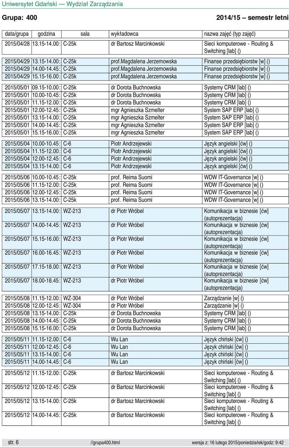 00: C-25k dr Dorota Buchnowska Systemy CRM [lab] () 2015/05/01 10.00-10.45: C-25k dr Dorota Buchnowska Systemy CRM [lab] () 2015/05/01 11.15-12.