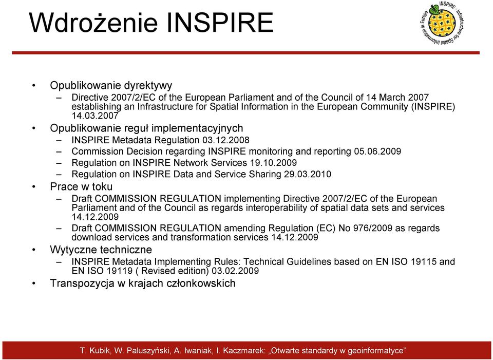 2009 Regulation on INSPIRE Network Services 19.10.2009 Regulation on INSPIRE Data and Service Sharing 29.03.