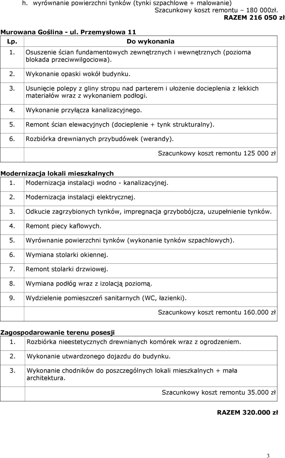 Usunięcie polepy z gliny stropu nad parterem i ułożenie docieplenia z lekkich materiałów wraz z wykonaniem podłogi. 4. Wykonanie przyłącza kanalizacyjnego. 5.