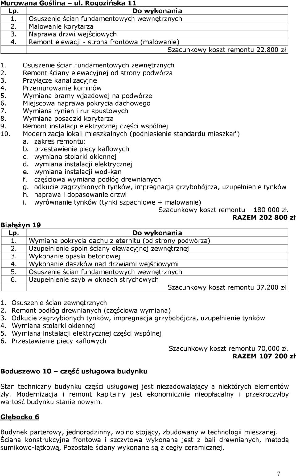 Miejscowa naprawa pokrycia dachowego 7. Wymiana rynien i rur spustowych 8. Wymiana posadzki korytarza 9. Remont instalacji elektrycznej części wspólnej 10.