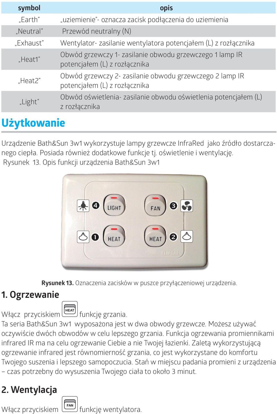 potencjałem (L) z rozłącznka Użytkowane Urządzene Bath&Sun 3w1 wykorzystuje lampy grzewcze InfraRed jako źródło dostarczanego cepła. Posada równeż dodatkowe funkcje tj. ośwetlene wentylację.