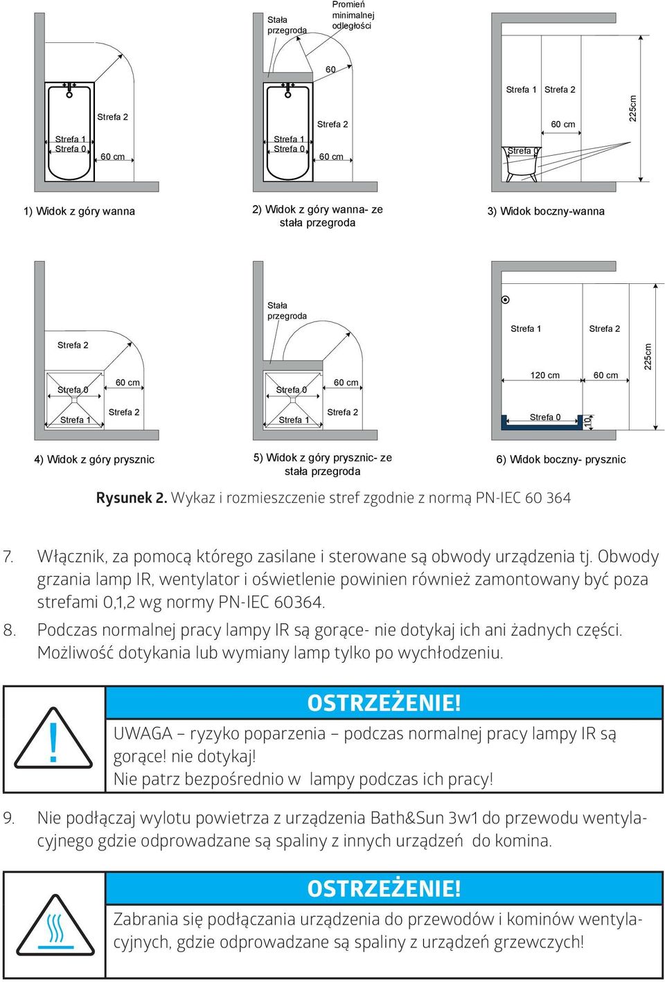 Wykaz rozmeszczene stref zgodne z normą PN-IEC 60 364 7. Włącznk, za pomocą którego zaslane sterowane są obwody urządzena tj.