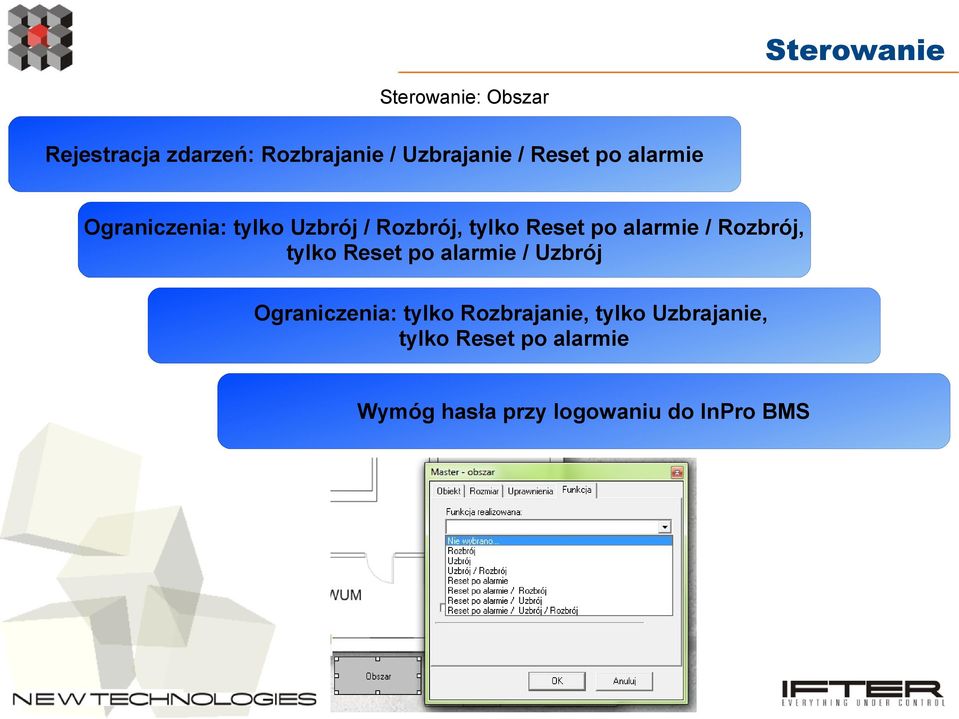 / Rozbrój, tylko Reset po alarmie / Uzbrój Ograniczenia: tylko Rozbrajanie,