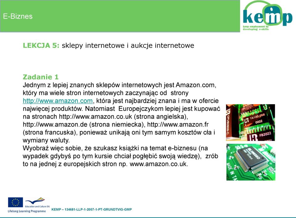 Natomiast Europejczykom lepiej jest kupować na stronach http://www.amazon.co.uk (strona angielska), http://www.amazon.de (strona niemiecka), http://www.amazon.fr (strona francuska), ponieważ unikają oni tym samym kosztów cła i wymiany waluty.