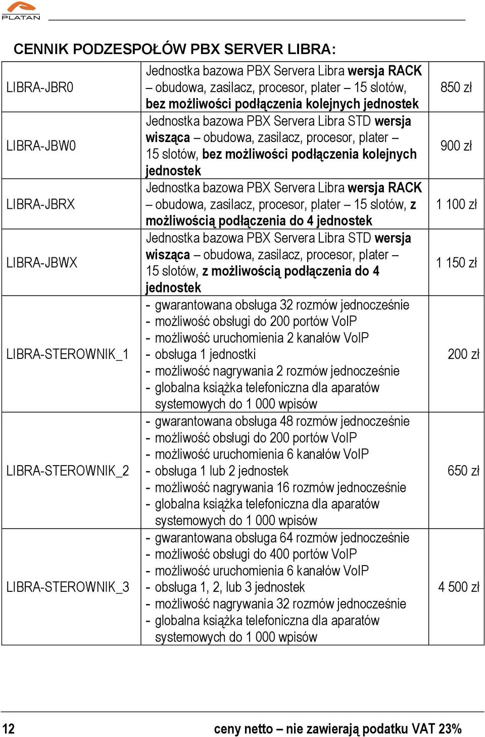 możliwości podłączenia kolejnych jednostek Jednostka bazowa PBX Servera Libra wersja RACK obudowa, zasilacz, procesor, plater 15 slotów, z możliwością podłączenia do 4 jednostek Jednostka bazowa PBX