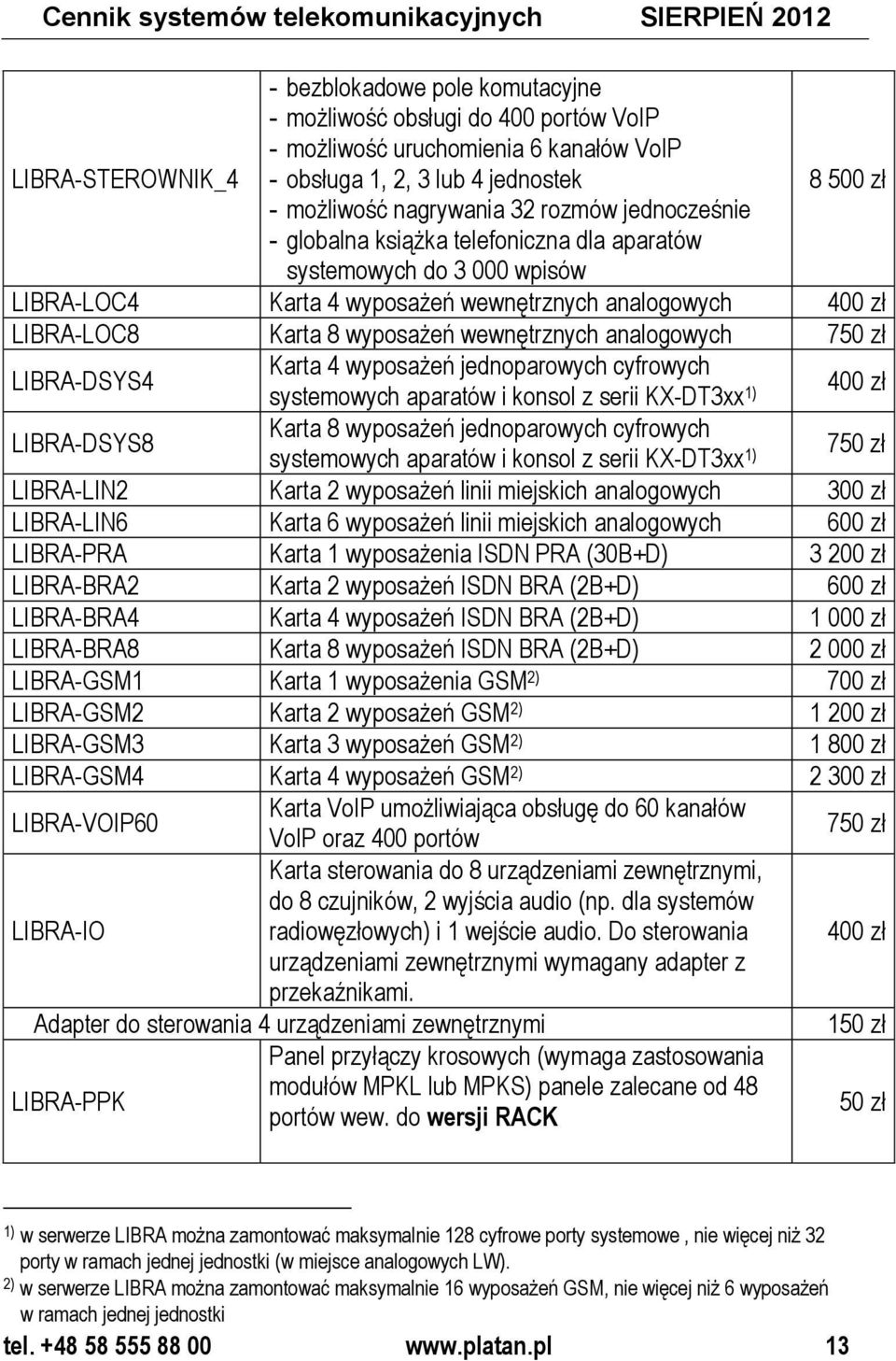 400 zł LIBRA-LOC8 Karta 8 wyposażeń wewnętrznych analogowych 750 zł LIBRA-DSYS4 Karta 4 wyposażeń jednoparowych cyfrowych systemowych aparatów i konsol z serii KX-DT3xx 1) 400 zł LIBRA-DSYS8 Karta 8