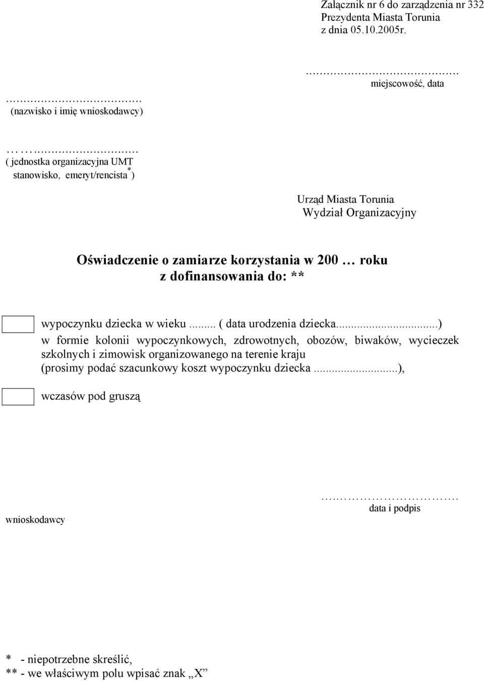 z dofinansowania do: ** wypoczynku dziecka w wieku... ( data urodzenia dziecka.