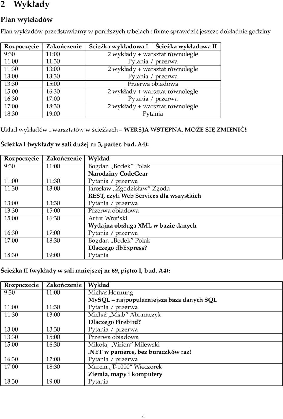 równolegle 16:30 17:00 Pytania / przerwa 17:00 18:30 2 wykłady + warsztat równolegle 18:30 19:00 Pytania Układ wykładów i warsztatów w ścieżkach WERSJA WSTEPNA, MOŻE SIE ZMIENIĆ!