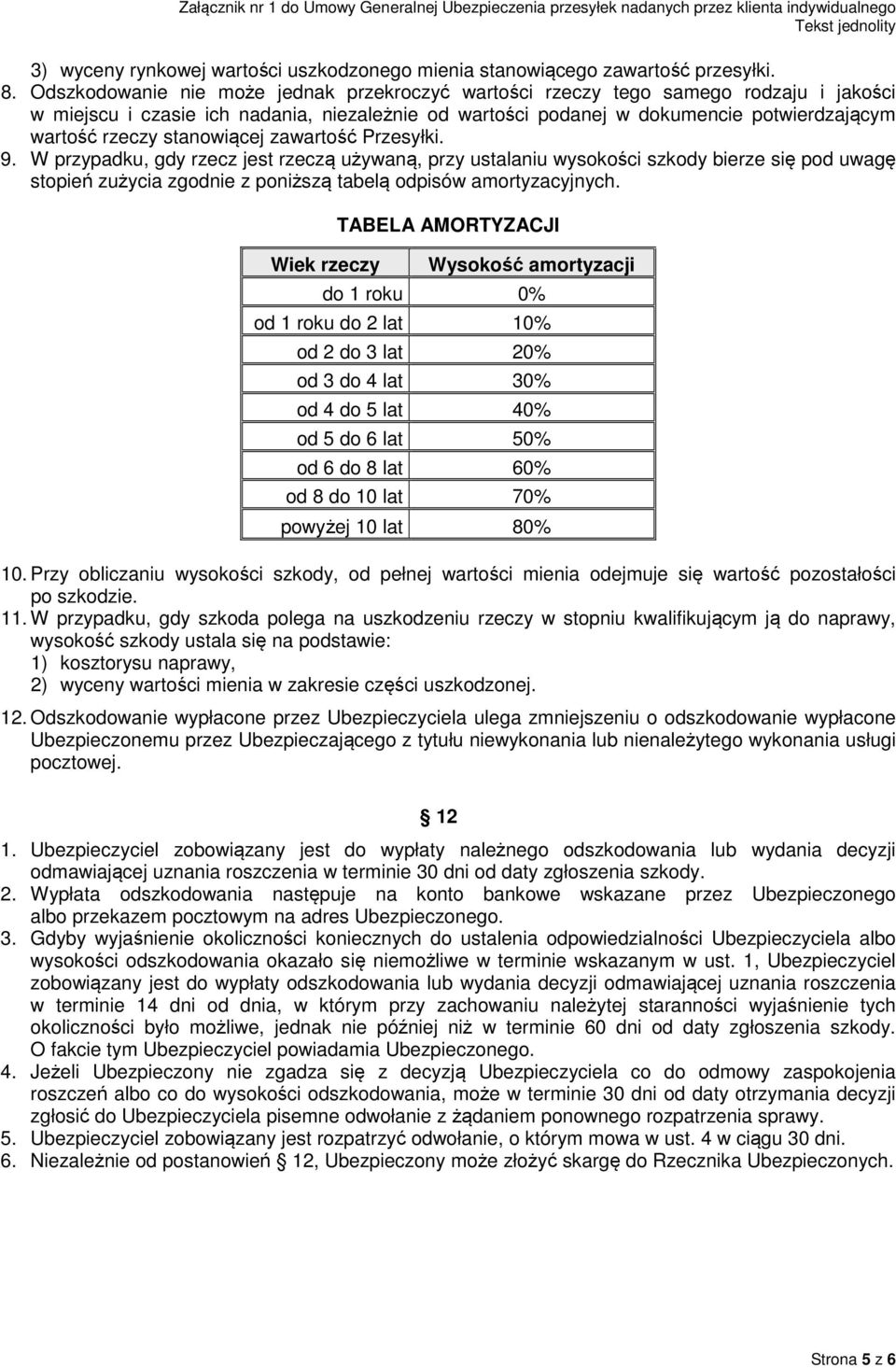 stanowiącej zawartość Przesyłki. 9. W przypadku, gdy rzecz jest rzeczą używaną, przy ustalaniu wysokości szkody bierze się pod uwagę stopień zużycia zgodnie z poniższą tabelą odpisów amortyzacyjnych.